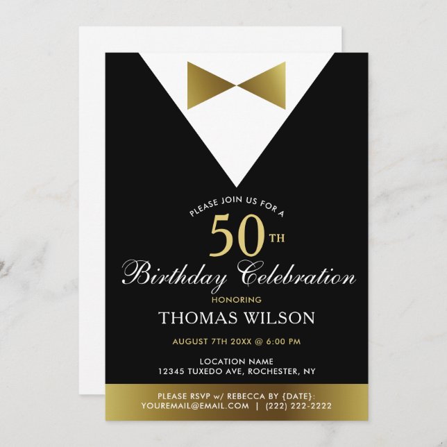 Black and Gold Tuxedo | 50th Birthday Invitations (Front/Back)