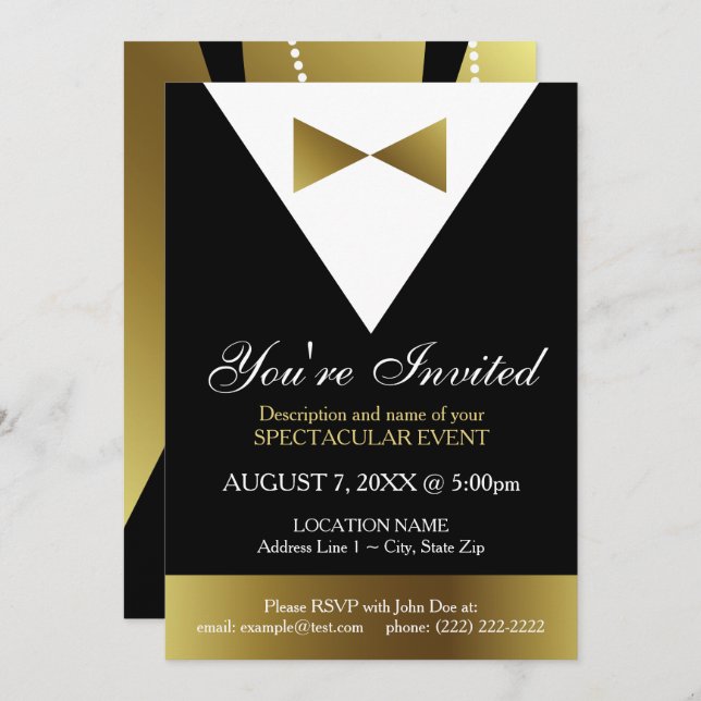 Black and Gold Tuxedo Invitations | Elegant Party (Front/Back)