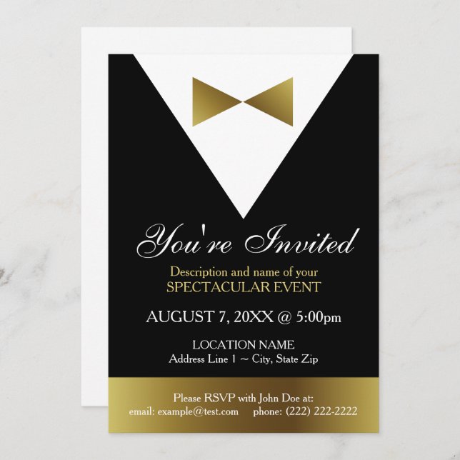 Black and Gold Tuxedo Invitations | Formal Party (Front/Back)