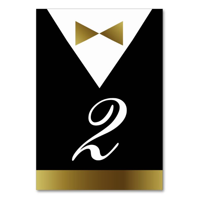 Black and Gold Tuxedo Table Numbers | Formal Party (Front)
