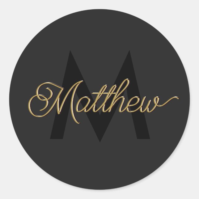 Black and Gold Typography Add Name & Monogram Mens Classic Round Sticker (Front)