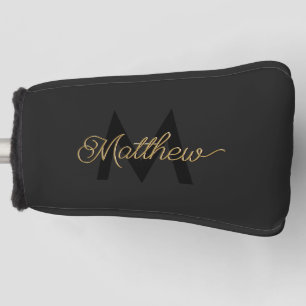 Black and Gold Typography Add Name & Monogram Mens Golf Head Cover