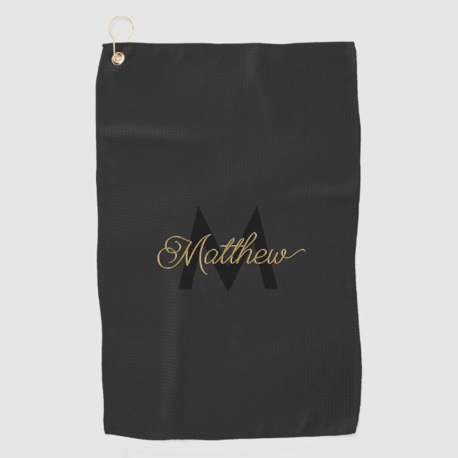 Black and Gold Typography Add Name & Monogram Mens Golf Towel (Front)