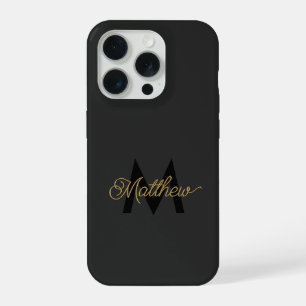 Black and Gold Typography Add Name & Monogram Mens iPhone 15 Pro Case