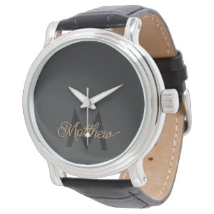 Black and Gold Typography Add Name & Monogram Mens Watch
