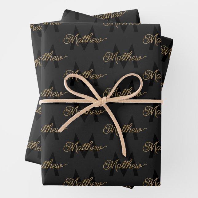 Black and Gold Typography Add Name & Monogram Mens Wrapping Paper Sheet (In situ)