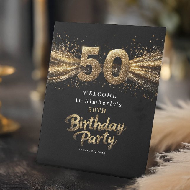 Black And Gold Typography Fifty 50th Birthday Pedestal Sign (50th Birthday Welcome Sign)