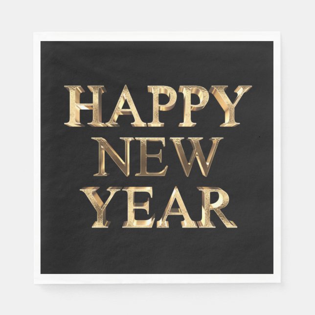 Black and Gold Typography Happy New Year Napkins (Front)