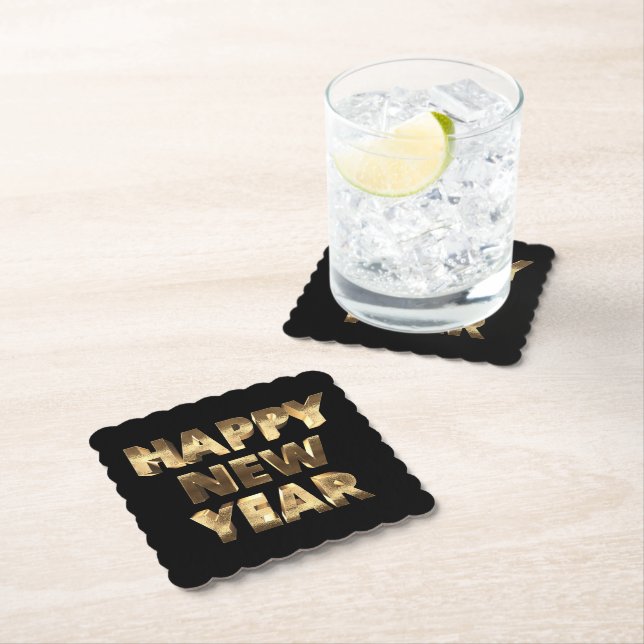 Black and Gold Typography Happy New Year Paper Coaster (Insitu)