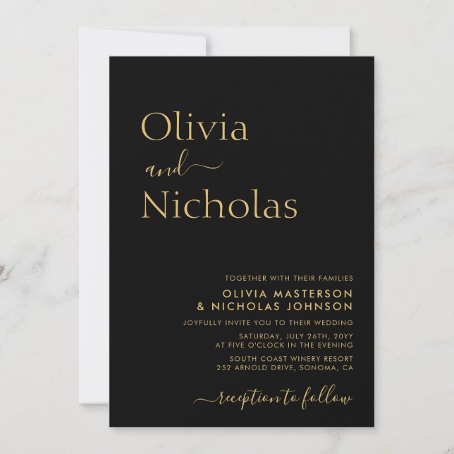 Black and Gold Typography Script Monogram Wedding Invitation (Front)