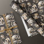 Black and Gold Victorian Christmas Wrapping Paper<br><div class="desc">This holiday gift wrapping paper features a delicate seamless pattern design of very charcoal black, grey, ivory, cream, gold, platinum silver, and white fussy antique Victorian Era ephemera Christmas themed illustrations from yesteryear, on a dusty light sky blue background. Graphic depictions include Santa Claus, a train, a nutcracker, bells, Christmas...</div>