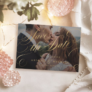 Black and gold vintage calligraphy photo save the date