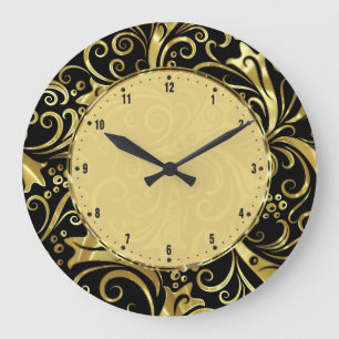 Black And Gold Vintage Floral Damasks Large Clock