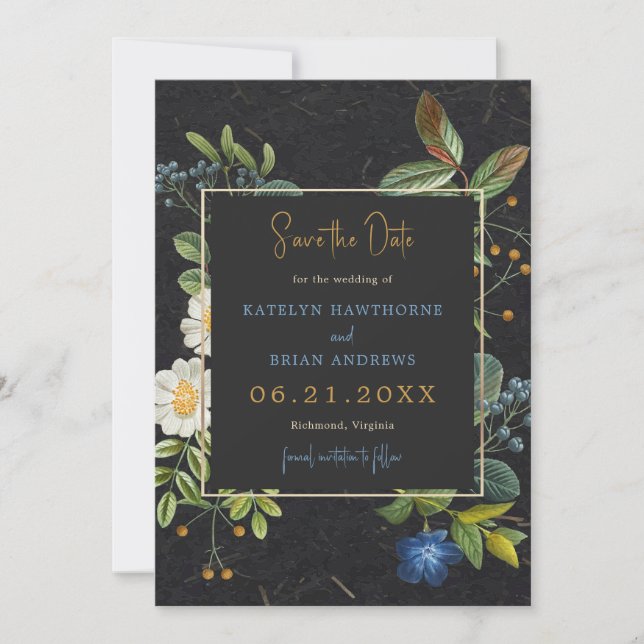 Black and Gold Vintage Flowers Save the Date (Front)