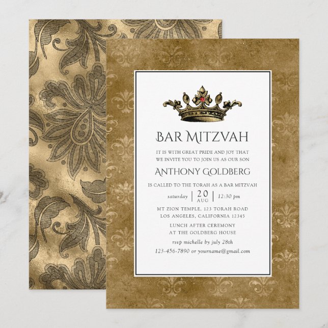 Black and Gold Vintage Heraldic Bar Mitzvah Invitation (Front/Back)