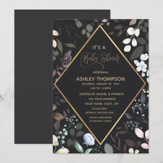 Black and Gold Watercolor Floral Baby Shower Invitation