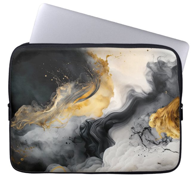 Black and Gold Watercolor Marble Laptop Sleeve (Front)