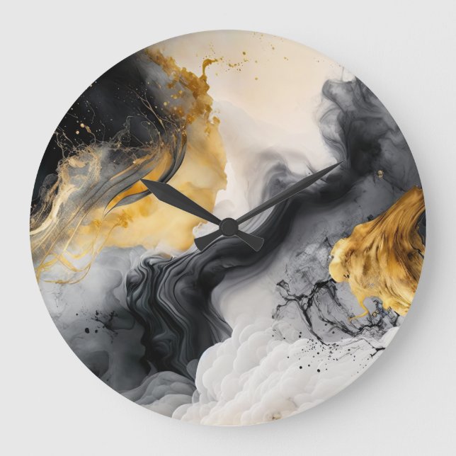 Black and Gold Watercolor Marble Large Clock (Front)