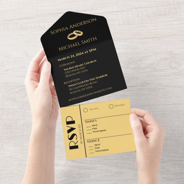 Black and Gold-We Do-Wedding Rings- All In One Invitation (Tearaway)