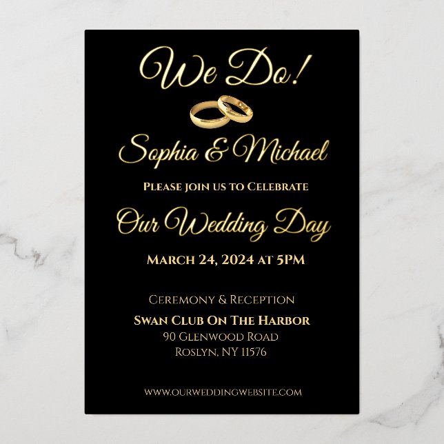 Black and Gold-We Do!  Wedding Rings- Foil Holiday Card (Front)
