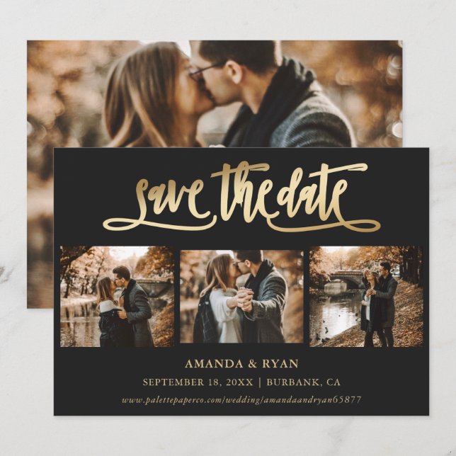 Black and Gold Wedding 4 Photo Save The Date (Front/Back)
