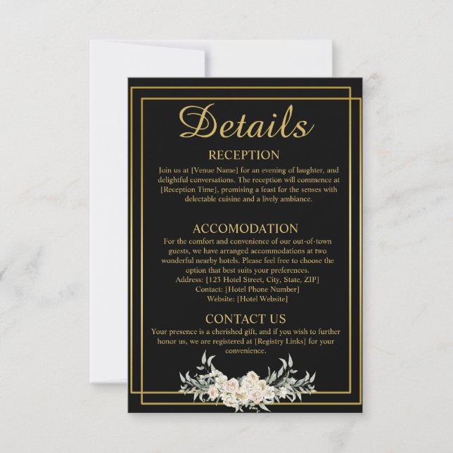 Black and Gold Wedding Details Enclosure Card (Front)