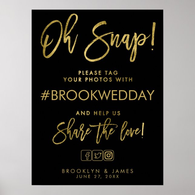 Black And Gold Wedding Hashtag Sign (Front)