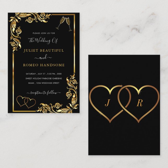 Black and Gold Wedding Invitation Card (Front/Back)