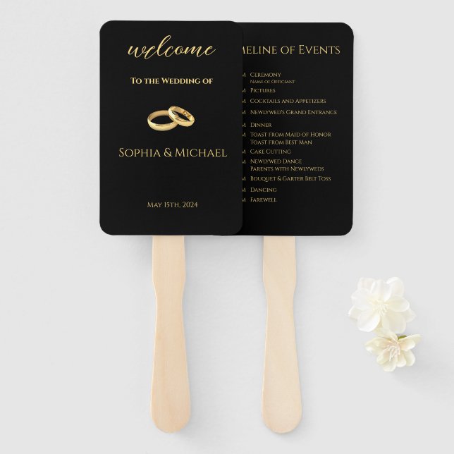 Black and Gold-Wedding Program- Hand Fan (Front and Back)
