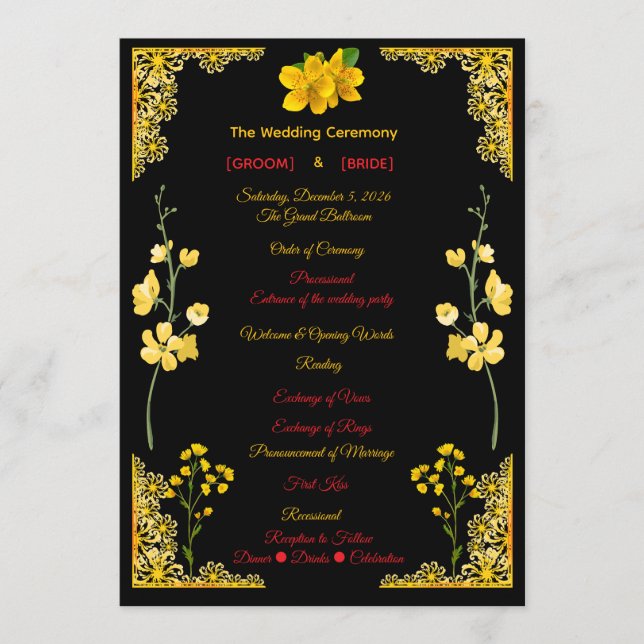 Black and Gold Wedding Program Programme (Front)