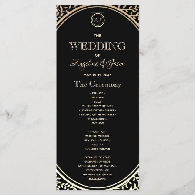 Black and Gold Wedding Program Programme (Front)