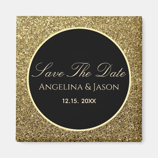 Black and Gold Wedding Save The Date Magnet (Front)