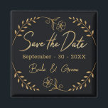 Black and Gold Wedding Save the Date Magnet<br><div class="desc">Announce your special day with this beautifully hand-drawn Save the Date magnet, designed with care by Aliss at home in rural Ireland. Featuring delicate gold leaves and a charming floral accent, this magnet is a perfect keepsake for couples seeking a touch of elegance. Each design is digitally painted to bring...</div>