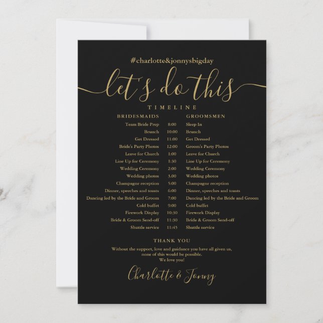 Black And Gold Wedding Schedule Timeline Card (Front)