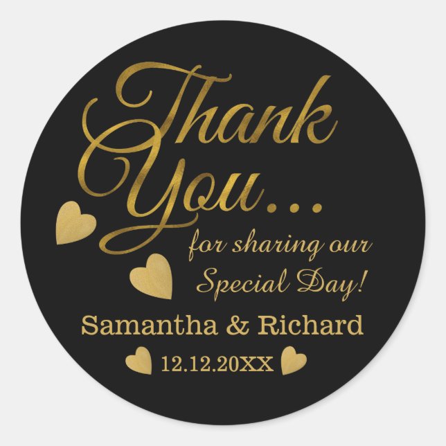 Black And Gold Wedding Thank You Classic Round Sticker (Front)