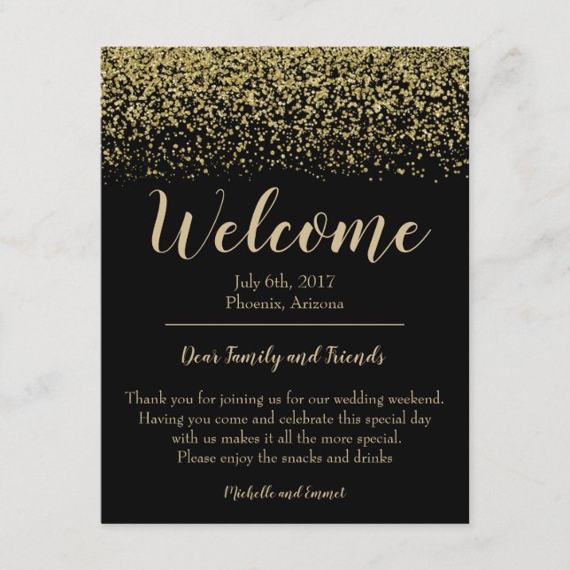 Black and Gold Wedding Welcome Hotel Card Note (Front)