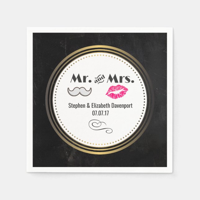 Black and Gold Wedding with Moustache and Lips Napkin (Front)