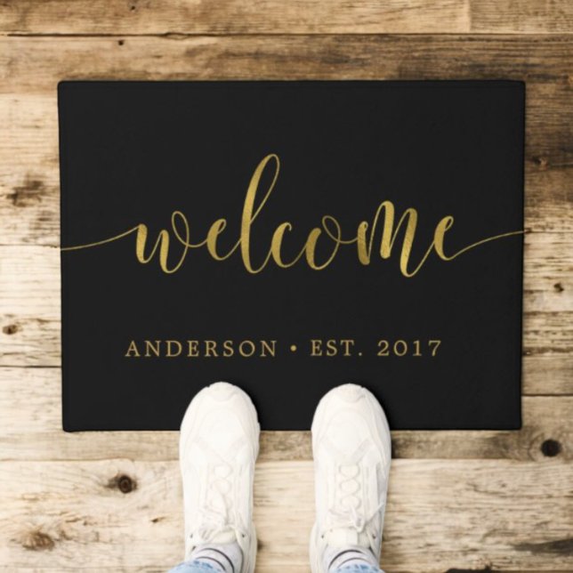 Black and Gold Welcome Script Personalised Doormat (Creator Uploaded)