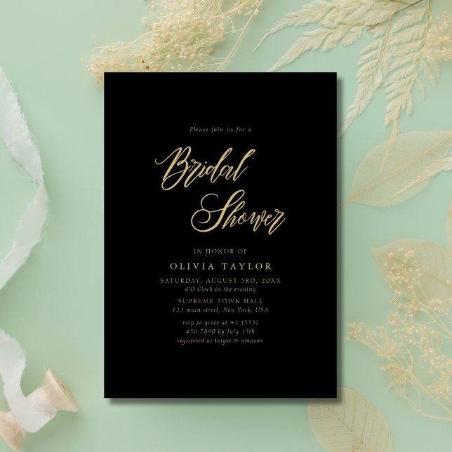 Black and Gold Whimsy Script Modern Bridal Shower Invitation (Creator Uploaded)