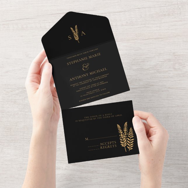 Black and Gold Wild Flowers Minimal Wedding  All In One Invitation (Tearaway)