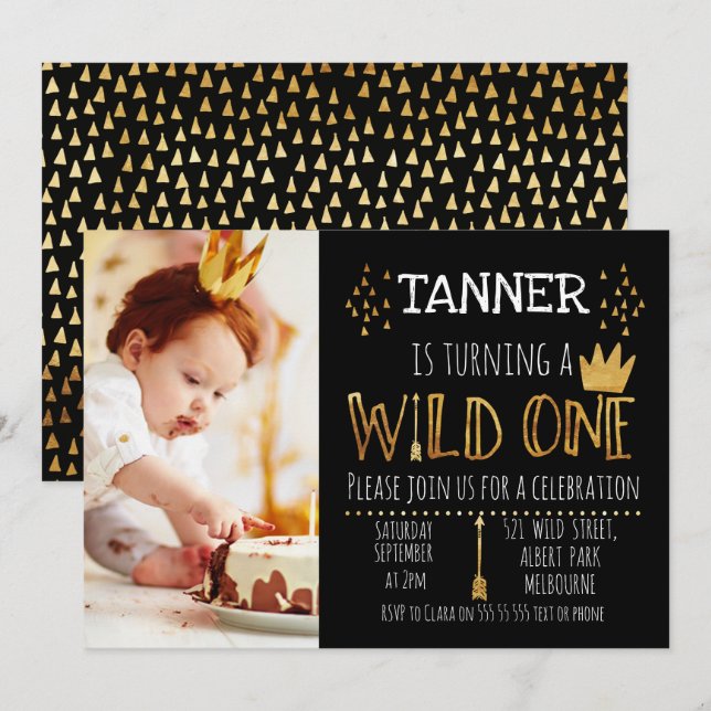 Black And Gold Wild Photo 1st Birthday Invitation (Front/Back)