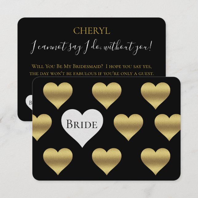 Black And Gold Will You Be My Bridesmaid MOH Cards (Front/Back)