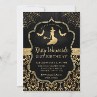 Black and Gold Witch and Bats Damask 21st Birthday
