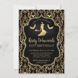 Black and Gold Witch and Bats Damask 21st Birthday Invitation