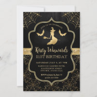 Black and Gold Witch and Bats Damask 21st Birthday