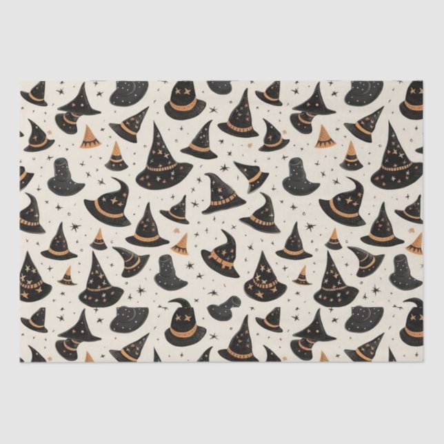 Black and Gold Witch's Hats Stars Cream Halloween Tissue Paper (Front)