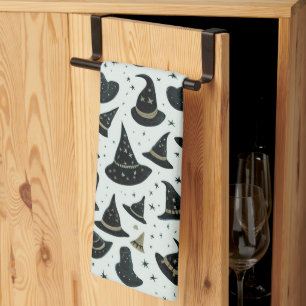 Black and Gold Witch's Hats Stars Green Halloween Tea Towel