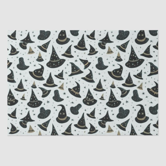 Black and Gold Witch's Hats Stars Green Halloween Tissue Paper (Front)