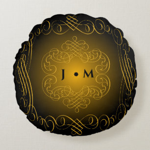 Black and Gold with Decorative Elements Round Cushion