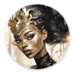 Black and Gold Woman Ceramic Knobs